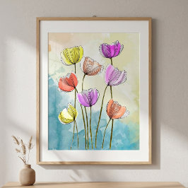 Levendige watercolor bloem fijne lijn tekening poster
