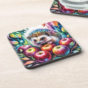 Levendige waterkleur egel met herfst appels bier onderzetter