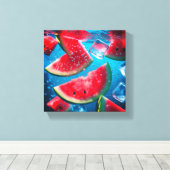 Levendige Watermeloen Slices Onderwater – Verfriss Canvas Afdruk (Insitu (Houten vloer))
