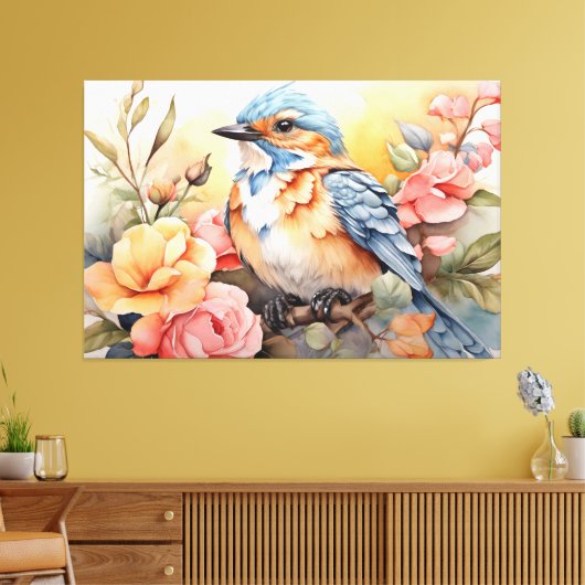 Levendige Waterverf Bird Floral Art Natuur geïnspi Canvas Afdruk (Insitu (Woonkamer))