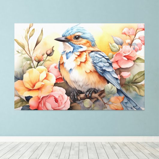 Levendige Waterverf Bird Floral Art Natuur geïnspi Canvas Afdruk (Insitu (Houten vloer))