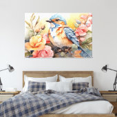 Levendige Waterverf Bird Floral Art Natuur geïnspi Canvas Afdruk (Insitu (Slaapkamer))
