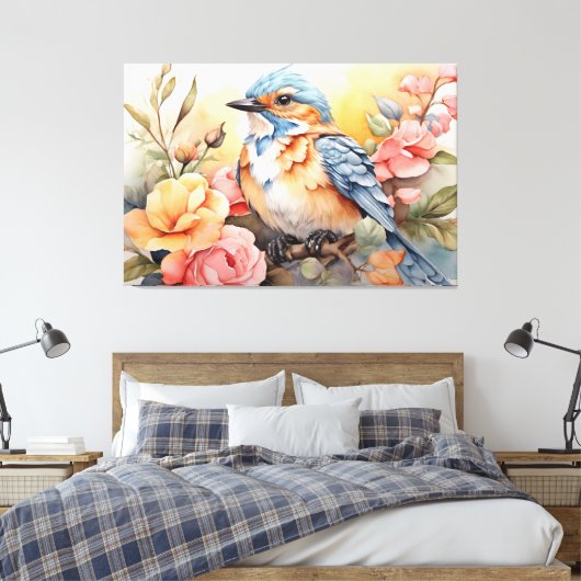 Levendige Waterverf Bird Floral Art Natuur geïnspi Canvas Afdruk (Insitu (Slaapkamer))