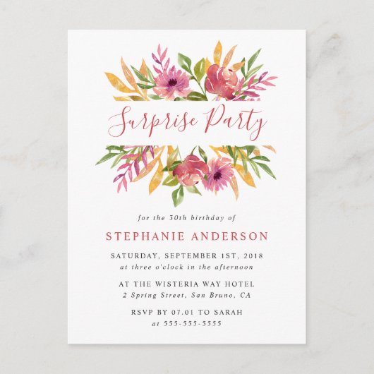 Levendige Waterverf Bloemen Verrassing Verjaardags Uitnodiging Briefkaart (Voorkant)