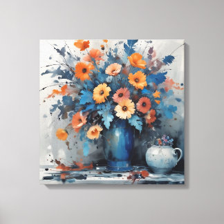 Levendige Waterverf Bloemenboeket in Blauwe Vaas Canvas Afdruk