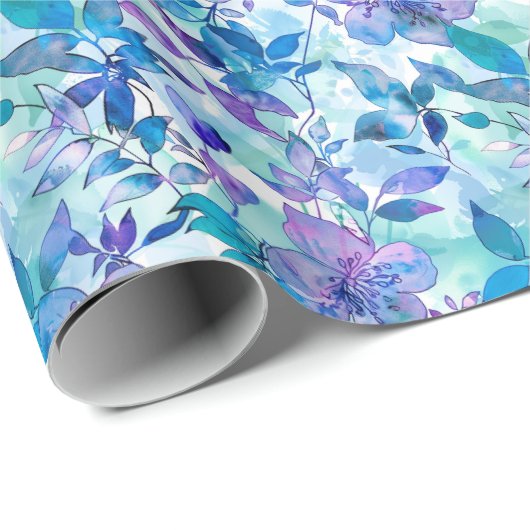 Levendige Waterverf Bloemenpatroon in Blauw en Bla Cadeaupapier (Rol Hoek)