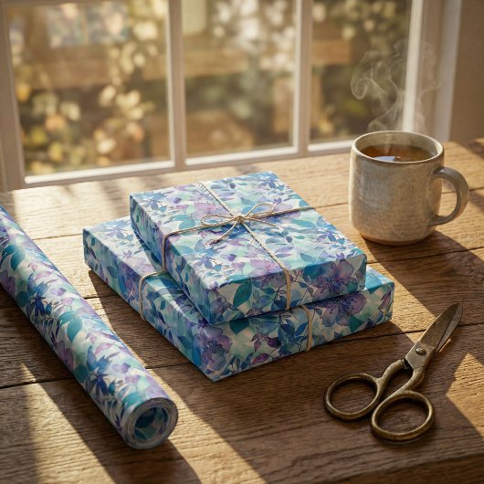 Levendige Waterverf Bloemenpatroon in Blauw en Bla Cadeaupapier