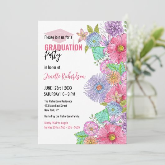 Levendige Waterverf Blooms en groen Afstuderen Kaart (Staand voorkant)