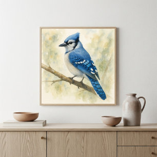 Levendige Waterverf Blue Jay op Branch Poster