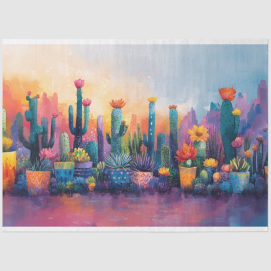 Levendige Waterverf Cactus en Bloemen Decoupage Tissuepapier (Voorkant)