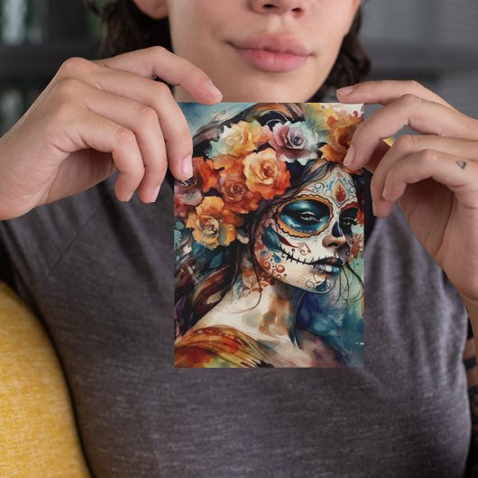 Levendige Waterverf Dia de los Muertos Catrina Briefkaart