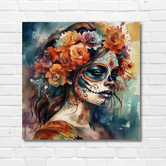 Levendige Waterverf Dia de los Muertos Catrina Canvas Afdruk