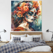 Levendige Waterverf Dia de los Muertos Catrina Canvas Afdruk (Insitu (Slaapkamer))