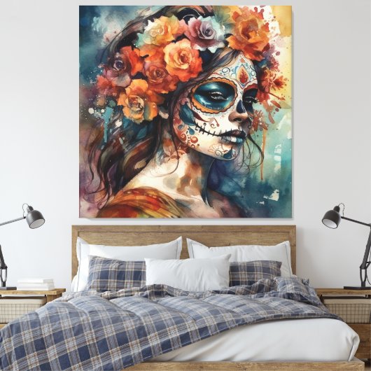 Levendige Waterverf Dia de los Muertos Catrina Canvas Afdruk (Insitu (Slaapkamer))