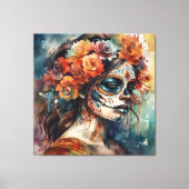 Levendige Waterverf Dia de los Muertos Catrina Canvas Afdruk (Voorkant)