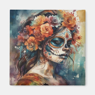 Levendige Waterverf Dia de los Muertos Catrina Magneet