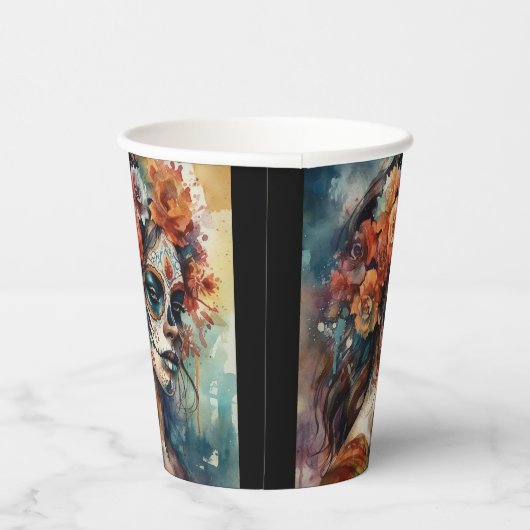 Levendige Waterverf Dia de los Muertos Catrina Papieren Bekers (Rechts)