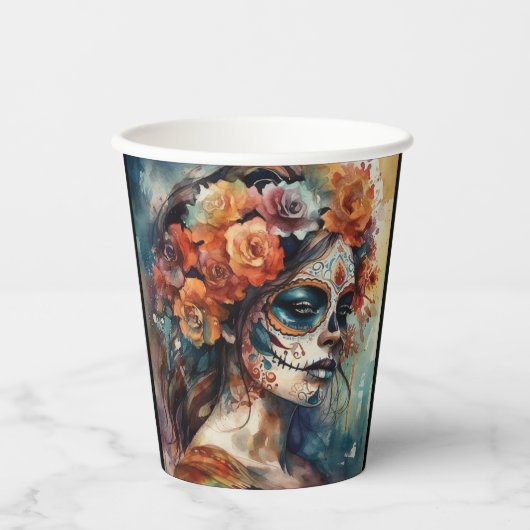 Levendige Waterverf Dia de los Muertos Catrina Papieren Bekers (Voorkant)
