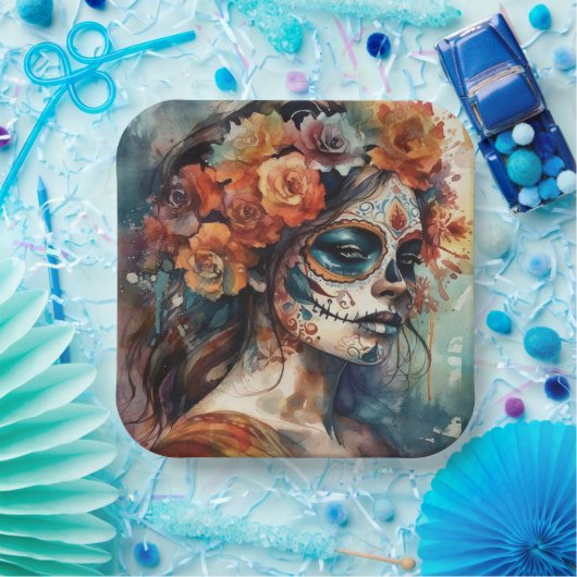 Levendige Waterverf Dia de los Muertos Catrina Papieren Bordje (Feest)