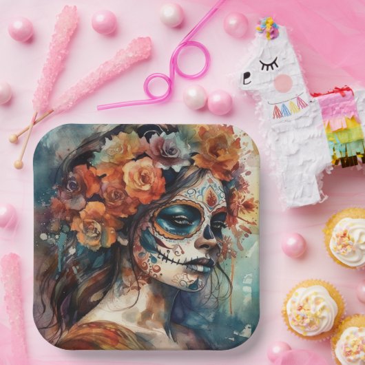 Levendige Waterverf Dia de los Muertos Catrina Papieren Bordje (Feest)