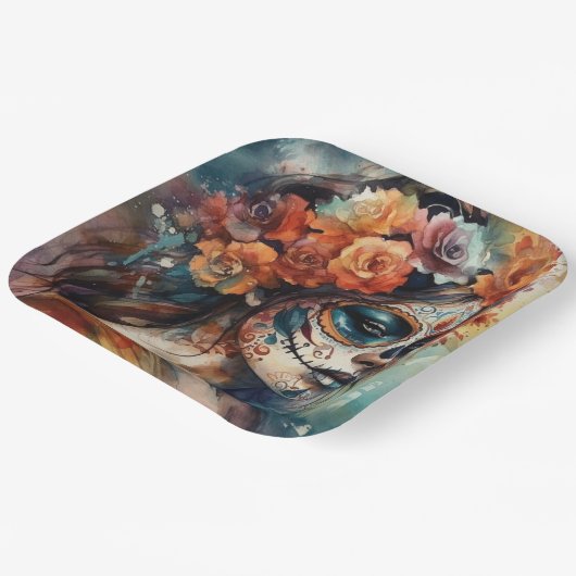 Levendige Waterverf Dia de los Muertos Catrina Papieren Bordje (Gebogen)