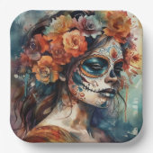 Levendige Waterverf Dia de los Muertos Catrina Papieren Bordje (Voorkant)