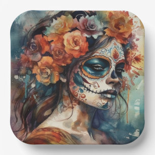 Levendige Waterverf Dia de los Muertos Catrina Papieren Bordje