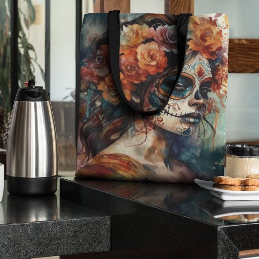Levendige Waterverf Dia de los Muertos Catrina Tote Bag