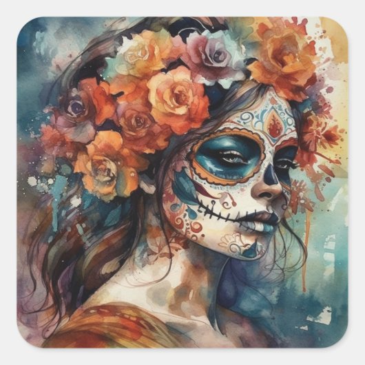 Levendige Waterverf Dia de los Muertos Catrina Vierkante Sticker (Voorkant)