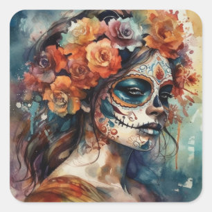 Levendige Waterverf Dia de los Muertos Catrina Vierkante Sticker