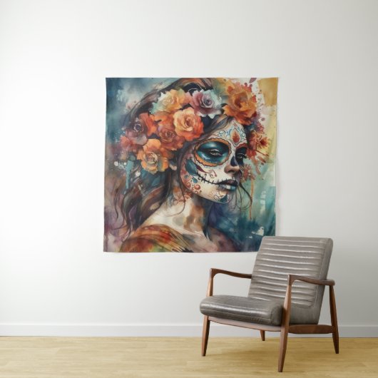 Levendige Waterverf Dia de los Muertos Catrina Wandkleed (In situ)