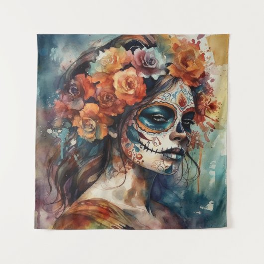 Levendige Waterverf Dia de los Muertos Catrina Wandkleed (Voorkant)