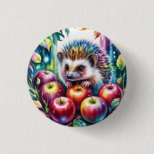 Levendige waterverf egel met herfst appels ronde button 3,2 cm