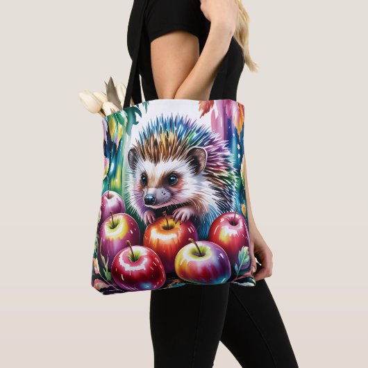 Levendige waterverf egel met herfst appels tote bag (Dichtbij)