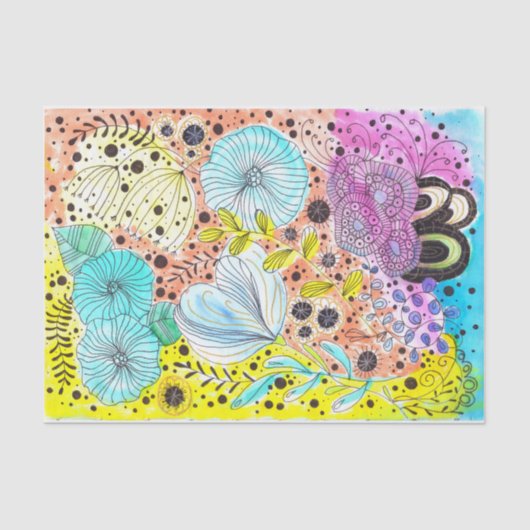 Levendige Waterverf en Ink Doodle Blossoms Tissuepapier (Voorkant)