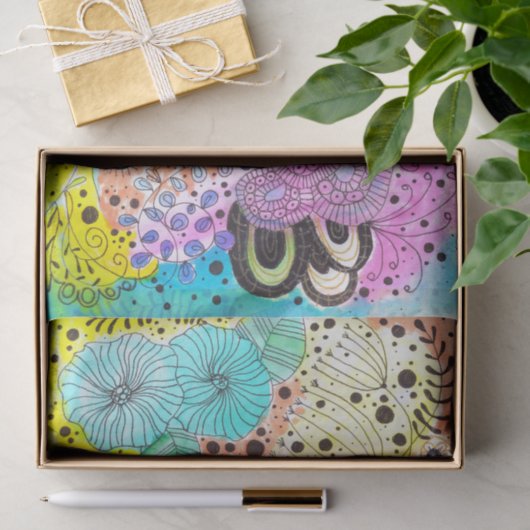 Levendige Waterverf en Ink Doodle Blossoms Tissuepapier (Geschenk)