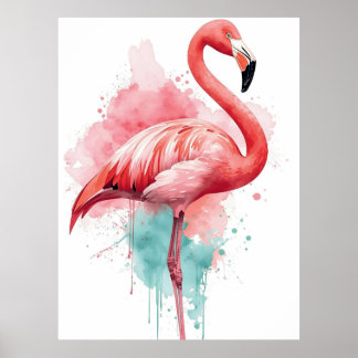 Levendige Waterverf Flamingo Roze en Turquoise Spe Poster