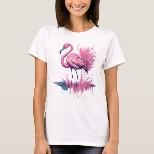 Levendige Waterverf Flamingo Staande in een water T-shirt (Voorkant)