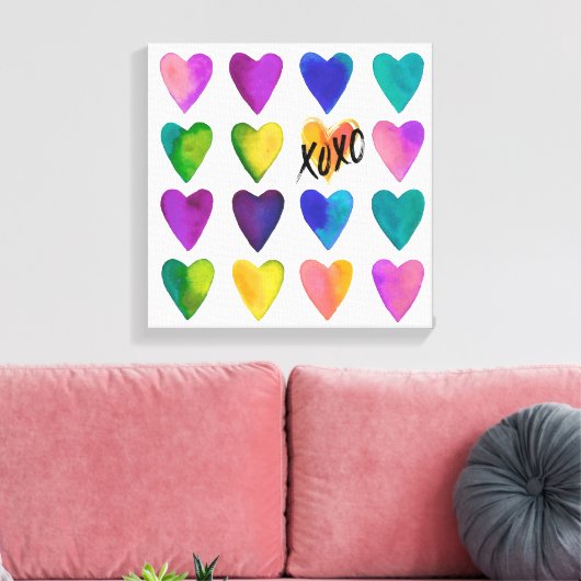 Levendige Waterverf Harten met XOXO Canvas Afdruk (Insitu (Woonkamer))