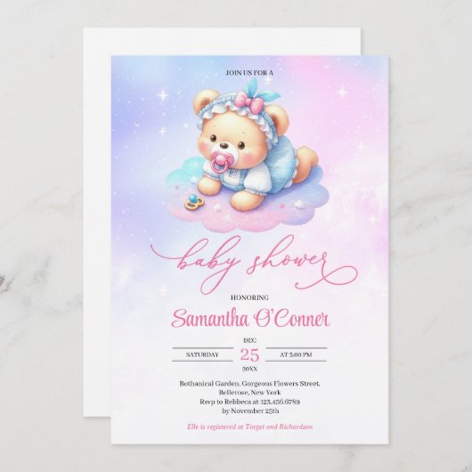 Levendige waterverf heet roze paarse baby beer mei kaart (Voorkant / Achterkant)