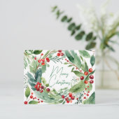 Levendige Waterverf Holly Berry Krans Kerst Feestdagenkaart (Staand voorkant)