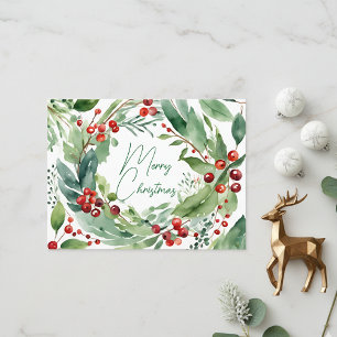 Levendige Waterverf Holly Berry Krans Kerst Feestdagenkaart