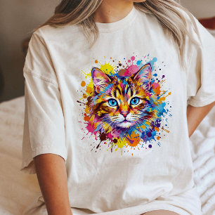 Levendige Waterverf Kat Kop Paint Spat Kunst Tri-Blend Shirt