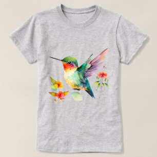 Levendige Waterverf Kolibrie Tropisch Bloemmotief T-shirt