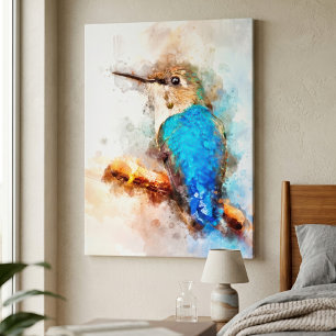 Levendige waterverf kolibrie Vogel op een tak Canvas Afdruk