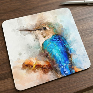 Levendige waterverf kolibrie vogel op een tak muismat