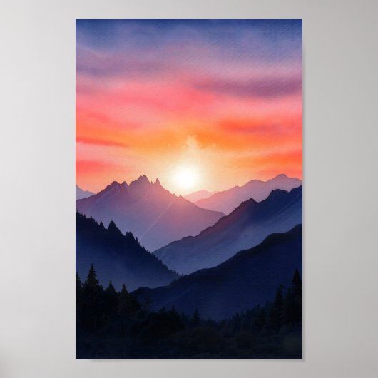 Levendige Waterverf Mountain Sunset Painting Poster (Voorkant)