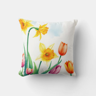 Levendige Waterverf narcissen en tulpen Kussen