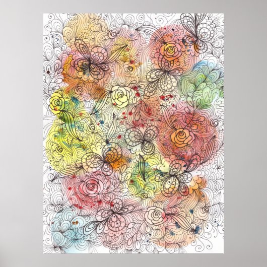 Levendige waterverf Ombre bloemige Doodle-kunst Poster (Voorkant)