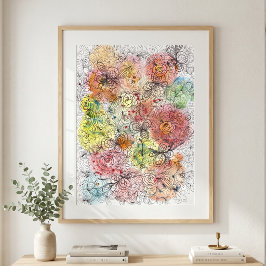 Levendige waterverf Ombre bloemige Doodle-kunst Poster